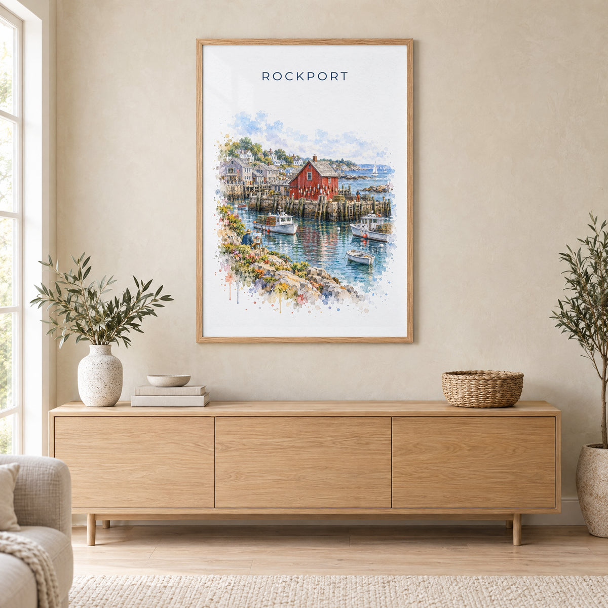 Rockport, Massachusetts watercolor print in an oak frame above a light wood sideboard in a Scandinavian living room