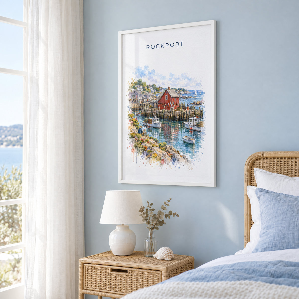 Rockport, Massachusetts watercolor print in a white frame on a pale blue wall beside a rattan bed in a coastal bedroom