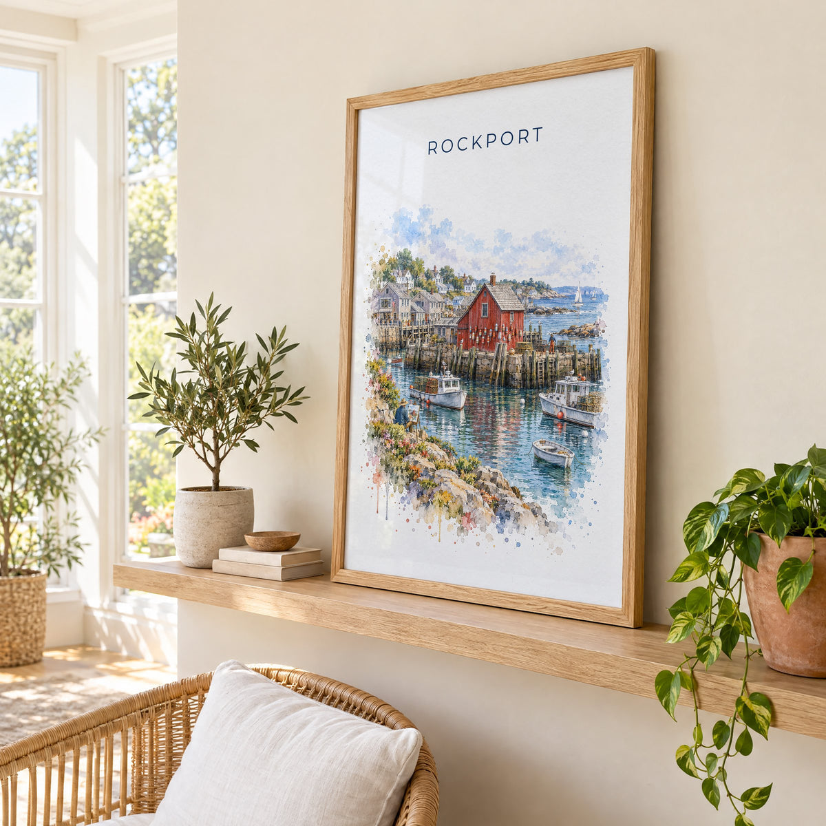 Rockport, Massachusetts watercolor print in an oak frame on a picture ledge in a sunlit sunroom