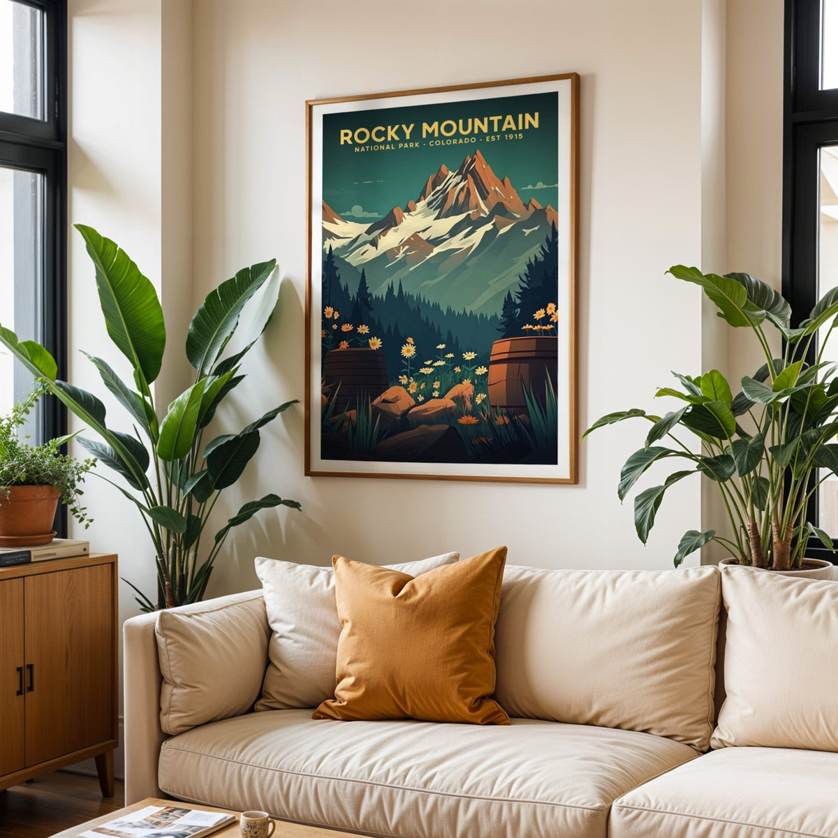 Rocky Mountain National Park print in an oak frame above a cream living room sofa with an ochre cushion