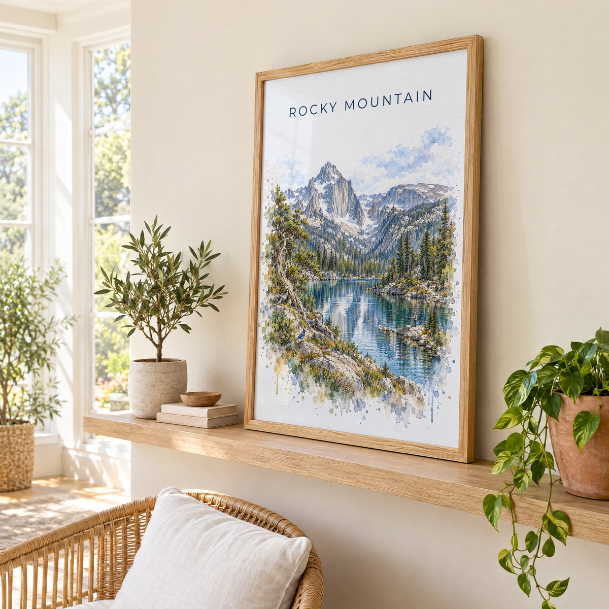 Rocky Mountain National Park watercolor print in an oak frame on a picture ledge in a sunlit sunroom