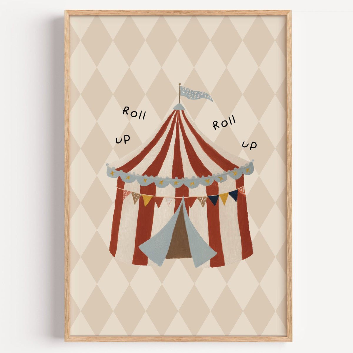 Roll up circus tent nursery print in a light oak frame on a plain white wall