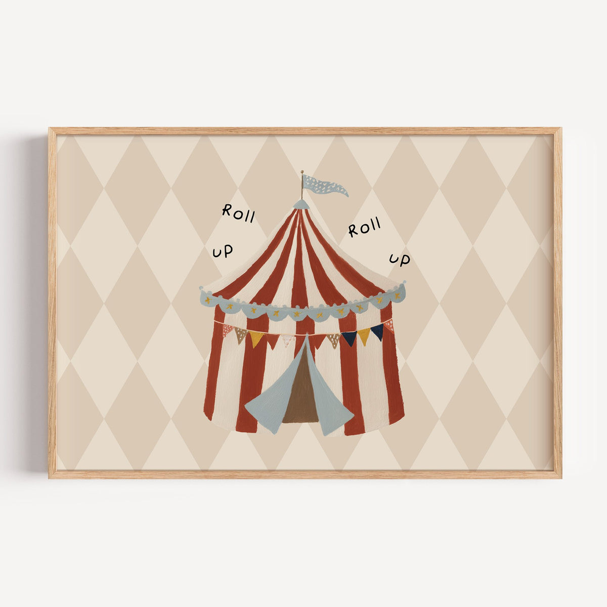 Landscape roll up circus tent nursery print in a light oak frame on a plain white wall