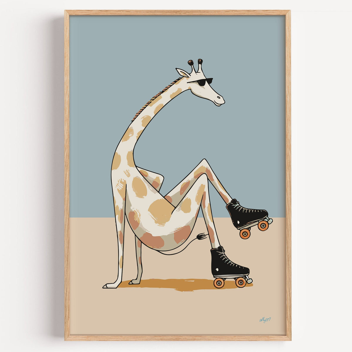 Giraffe wearing roller skates nursery print in a light oak frame on a plain white wall