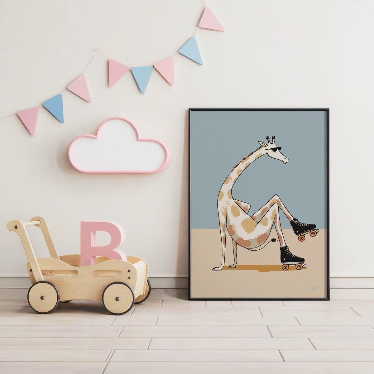 Giraffe wearing roller skates nursery print in a black frame under pastel bunting by a wooden baby walker