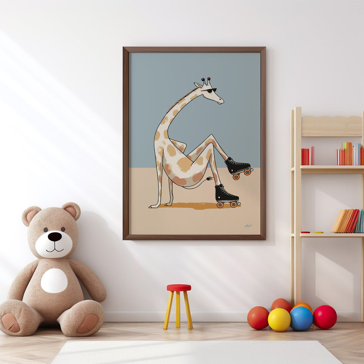 Giraffe wearing roller skates nursery print in a walnut frame above a big teddy bear by a bookshelf