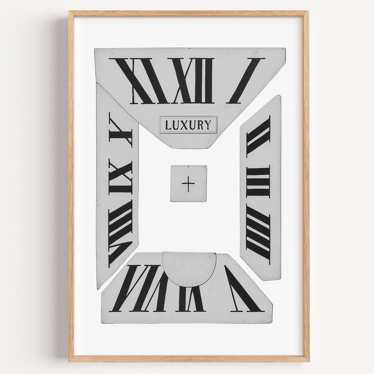 Broken Roman numeral clock dial graphic print in a light oak frame on a plain white wall