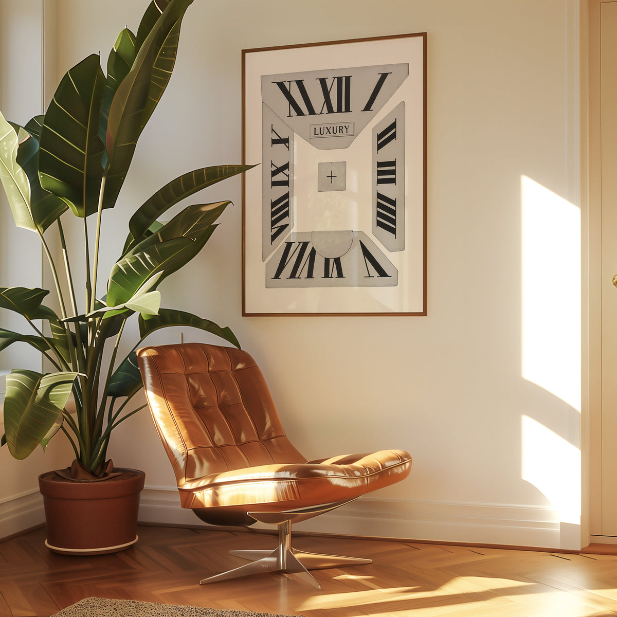 Broken Roman numeral clock dial graphic print in a walnut frame above a leather lounge chair