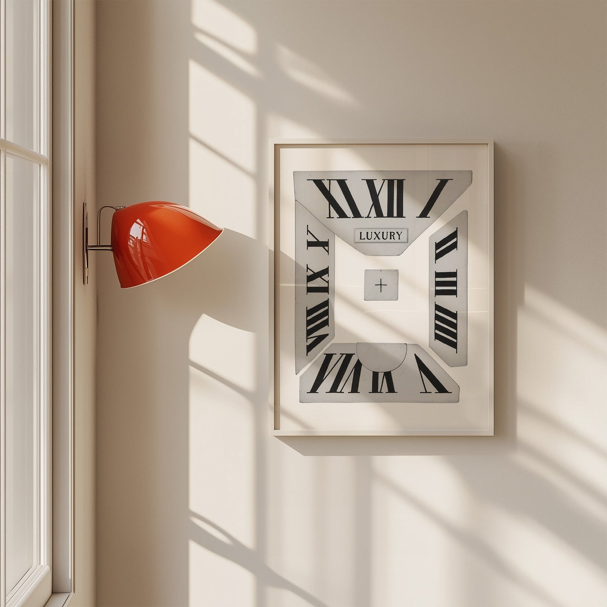 Broken Roman numeral clock dial graphic print in a white frame on a sunlit wall beside a red sconce
