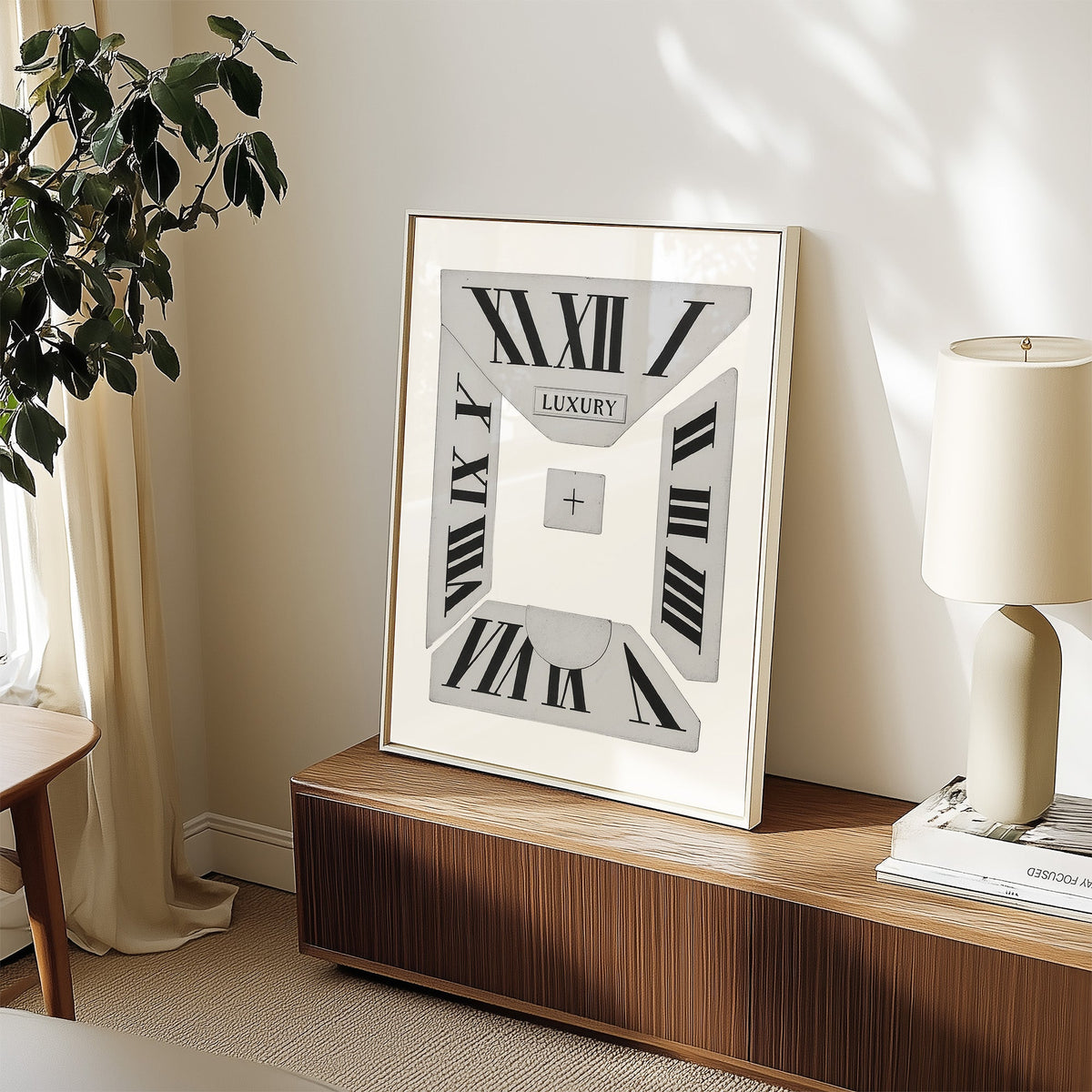 Broken Roman numeral clock dial graphic print in a white frame on a walnut sideboard beside a ceramic lamp