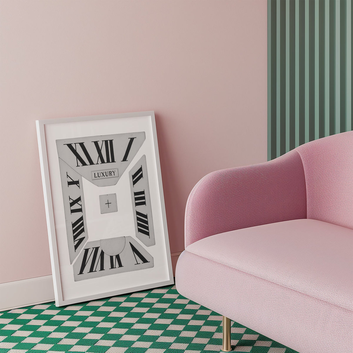 Broken Roman numeral clock dial graphic print in a white frame beside a pink armchair on a checkered floor