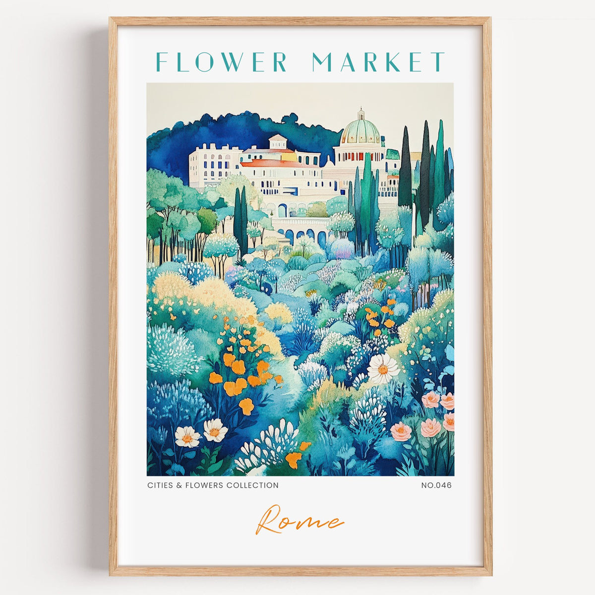 Rome flower market print in a light oak frame on a plain white wall