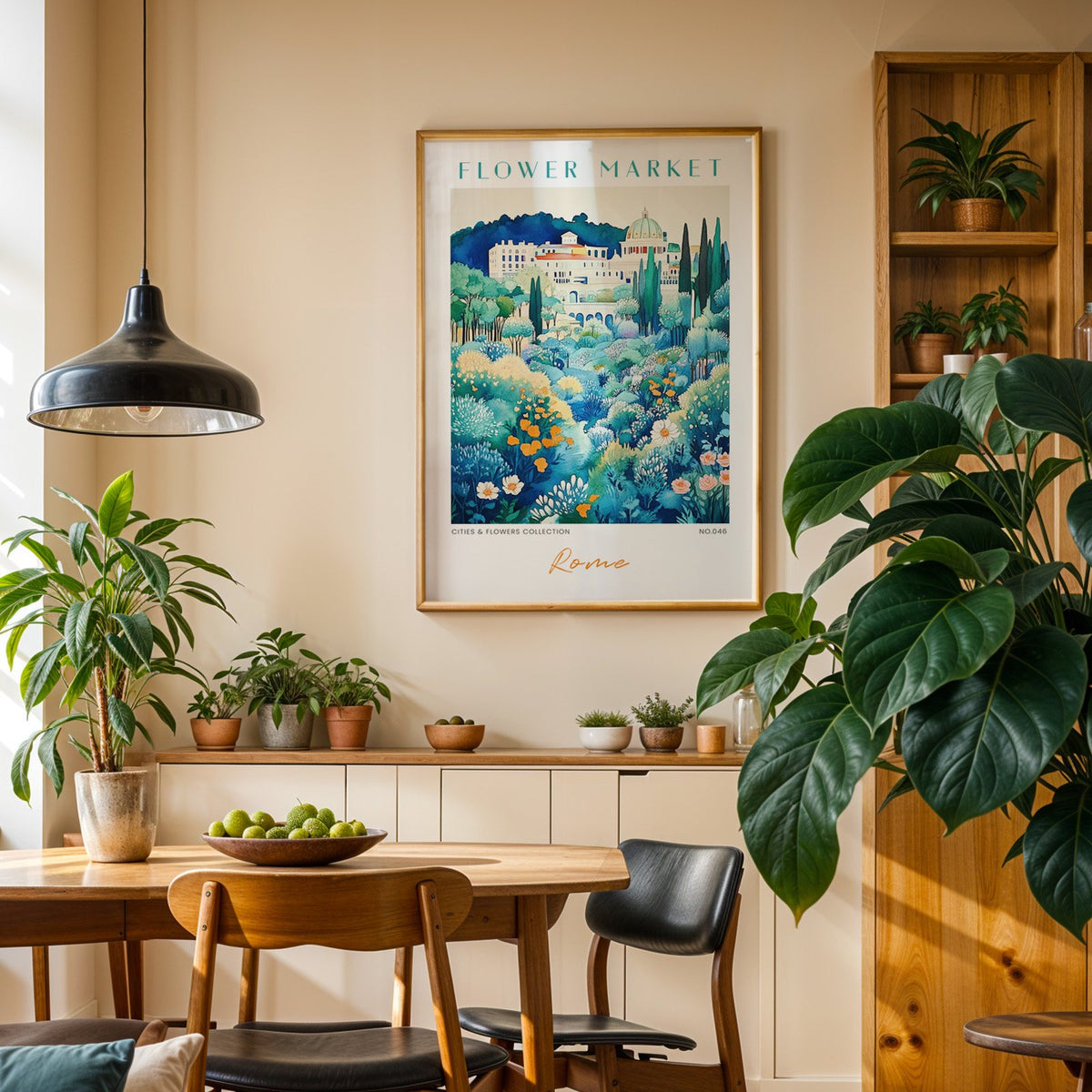 Rome flower market print in an oak frame above a dining sideboard lined with potted plants