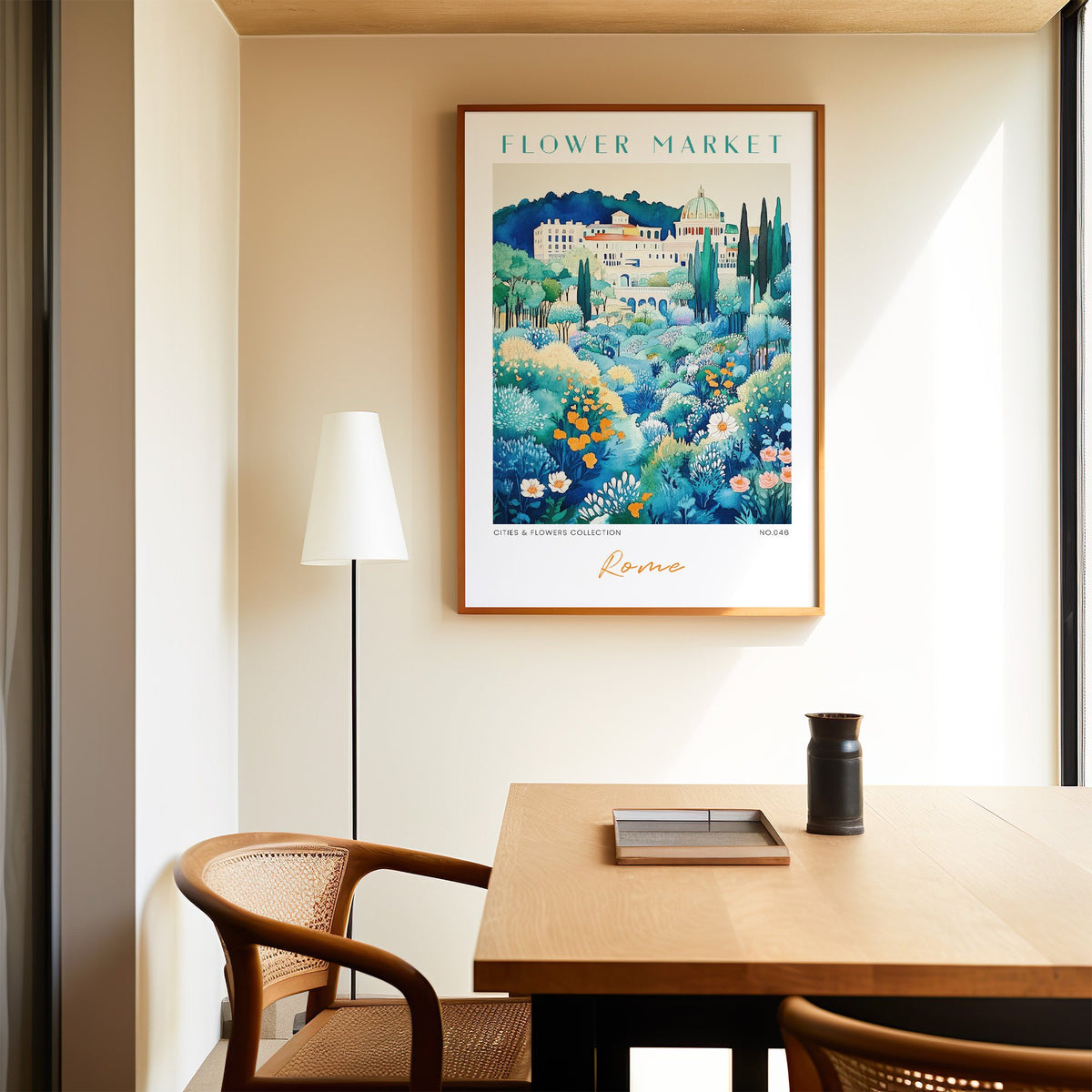 Rome flower market print in an oak frame above a dining table and cane chair
