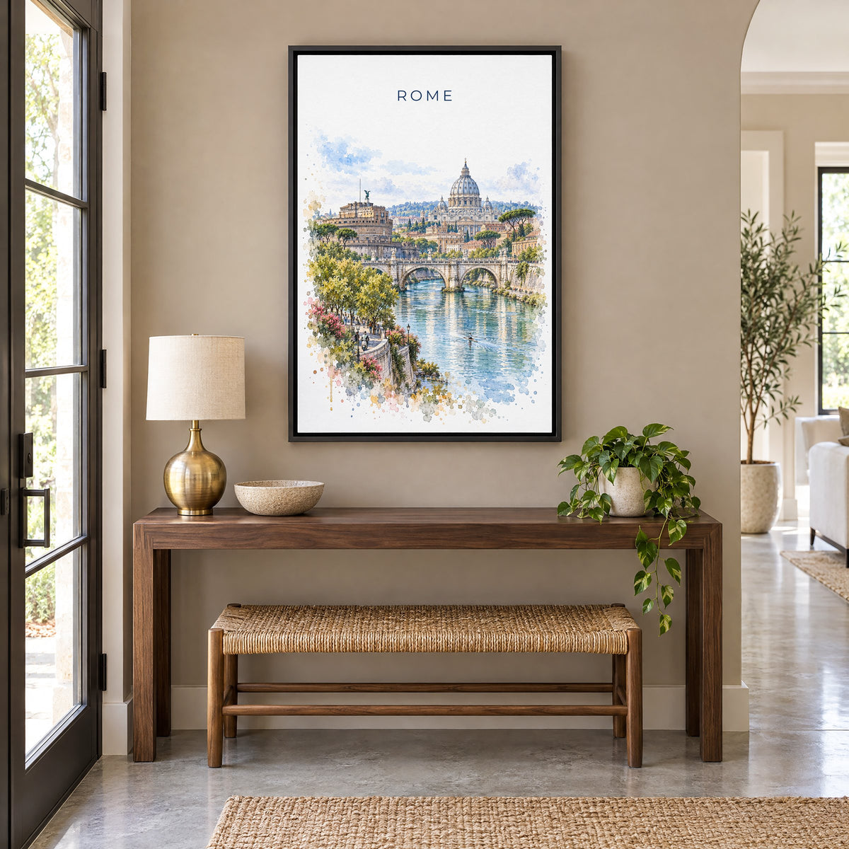Rome watercolor print as a black floater canvas above a walnut console and woven bench in an entryway