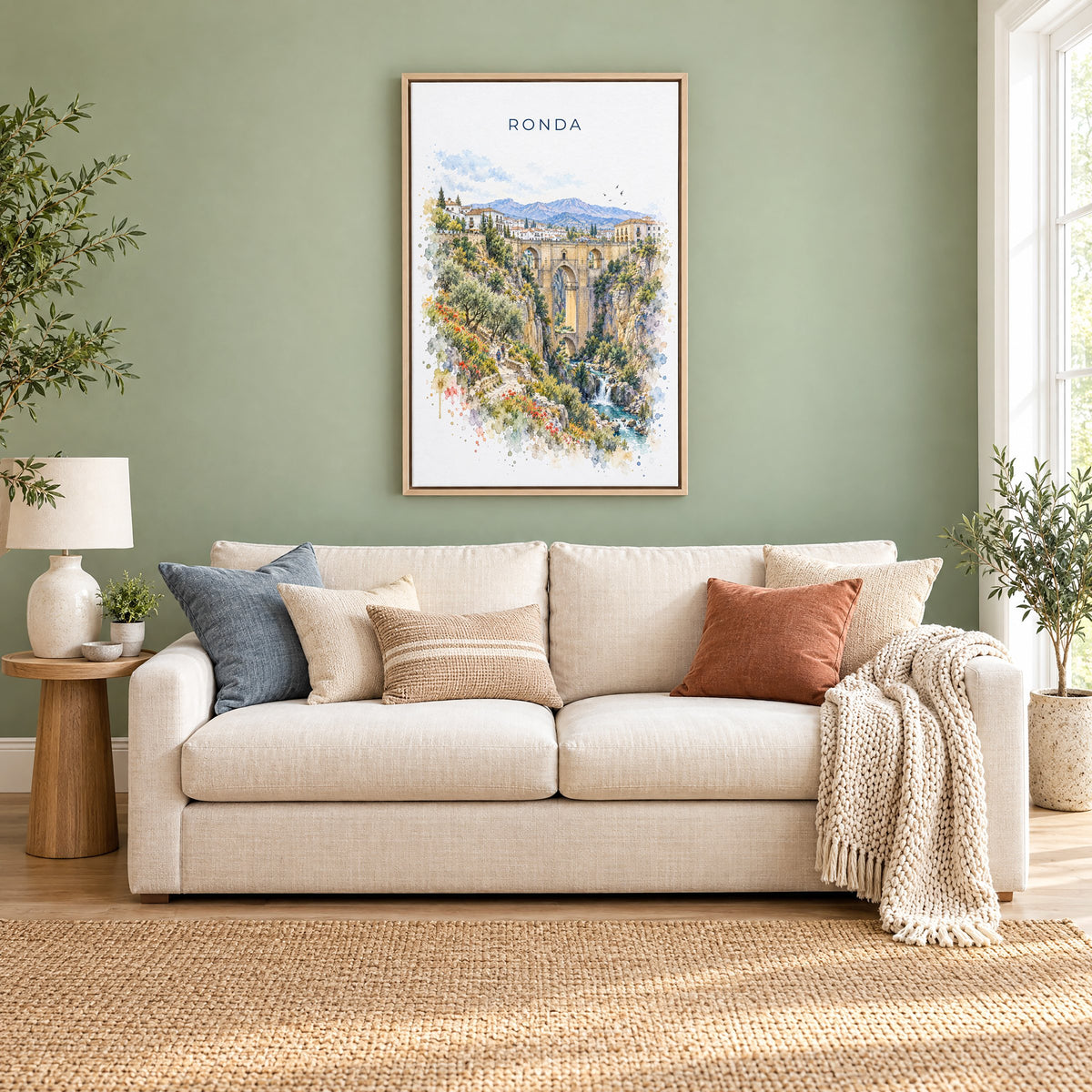 Ronda watercolor print as a natural floater canvas above a cream linen sofa on a sage green wall