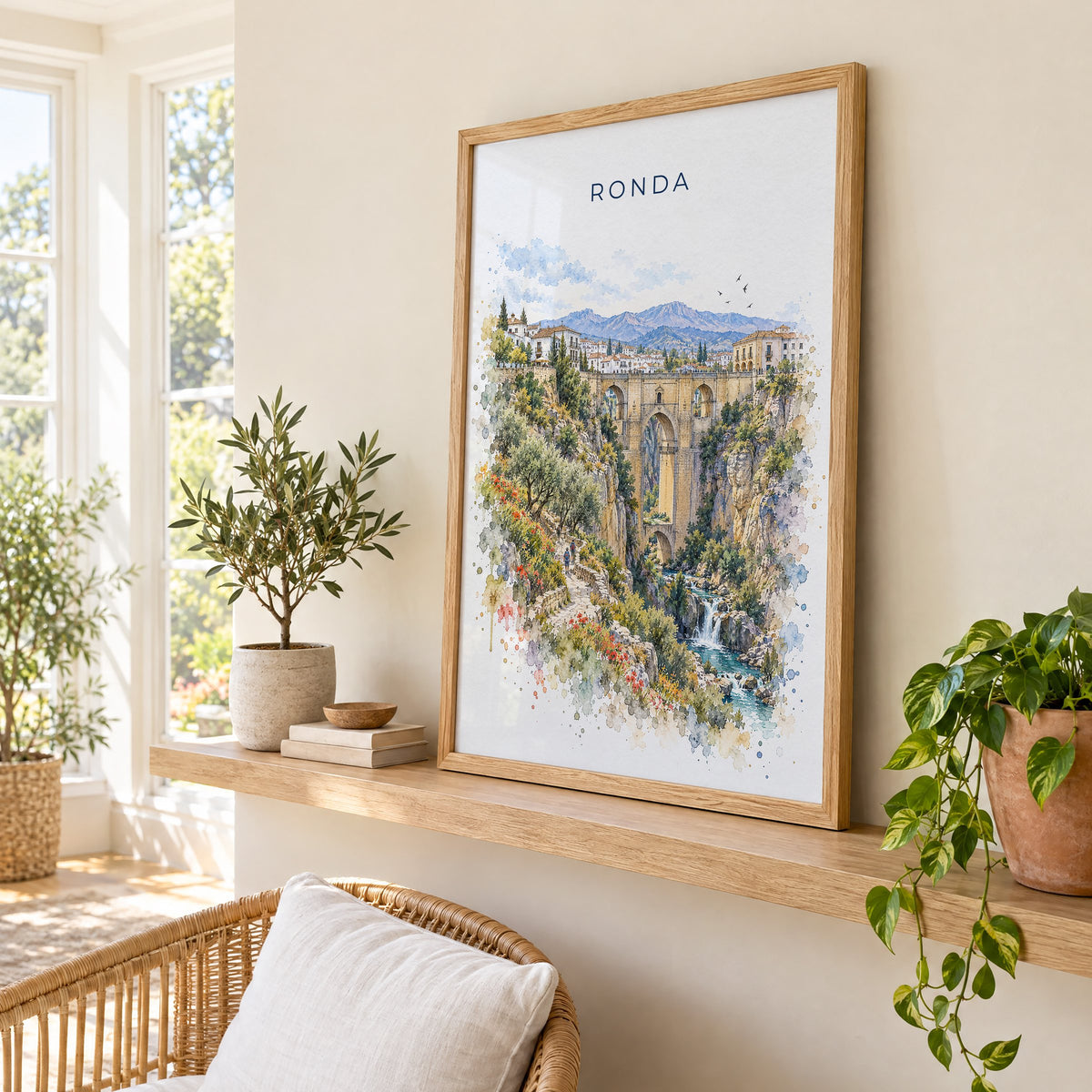 Ronda watercolor print in an oak frame on a picture ledge in a sunlit sunroom