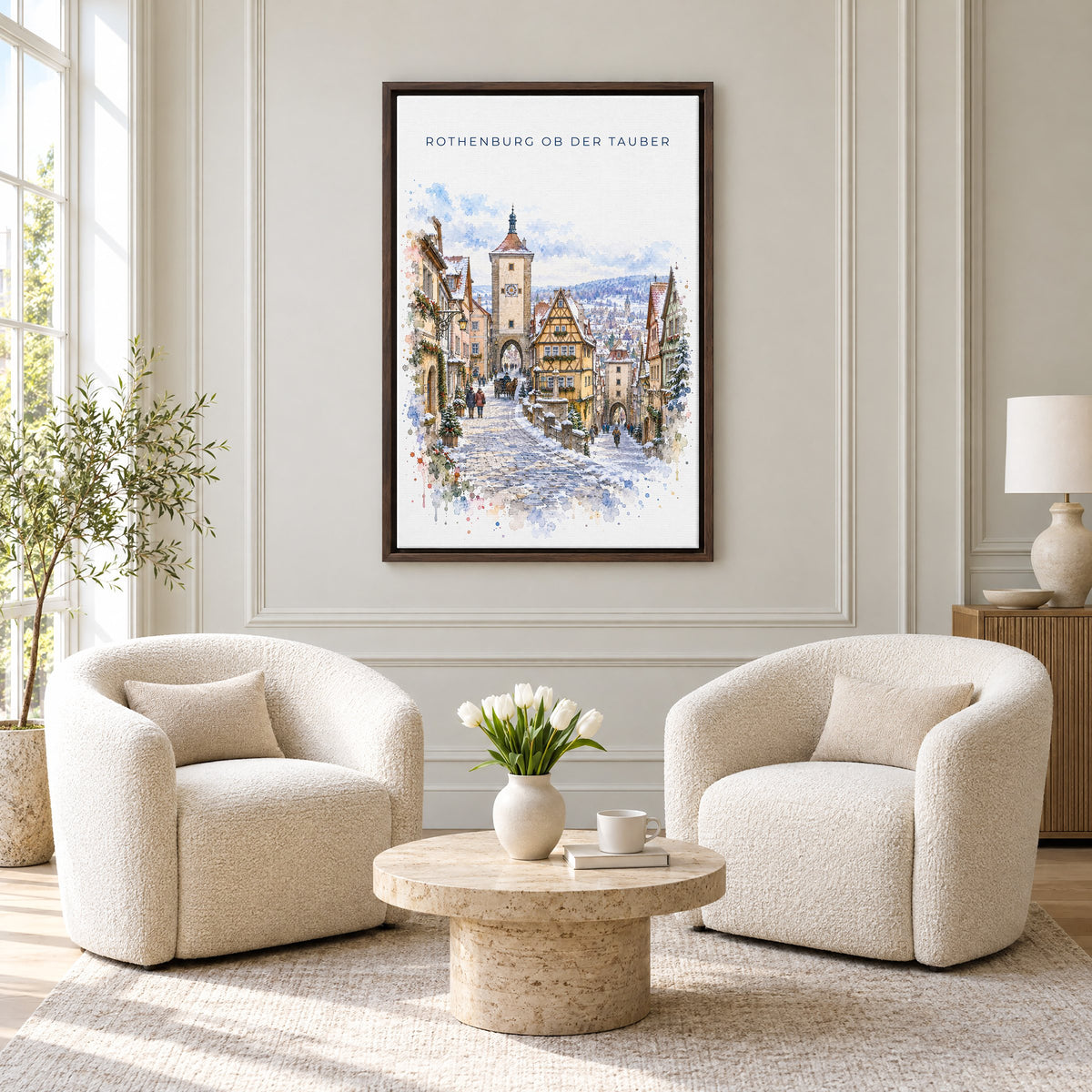 Rothenburg ob der Tauber watercolor print as an espresso floater canvas above two boucle armchairs in a hotel lounge