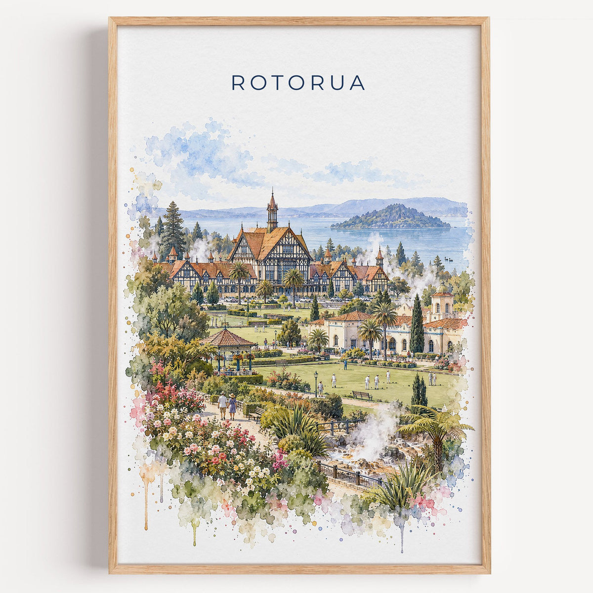 Rotorua watercolor print in a light oak frame on a plain white wall