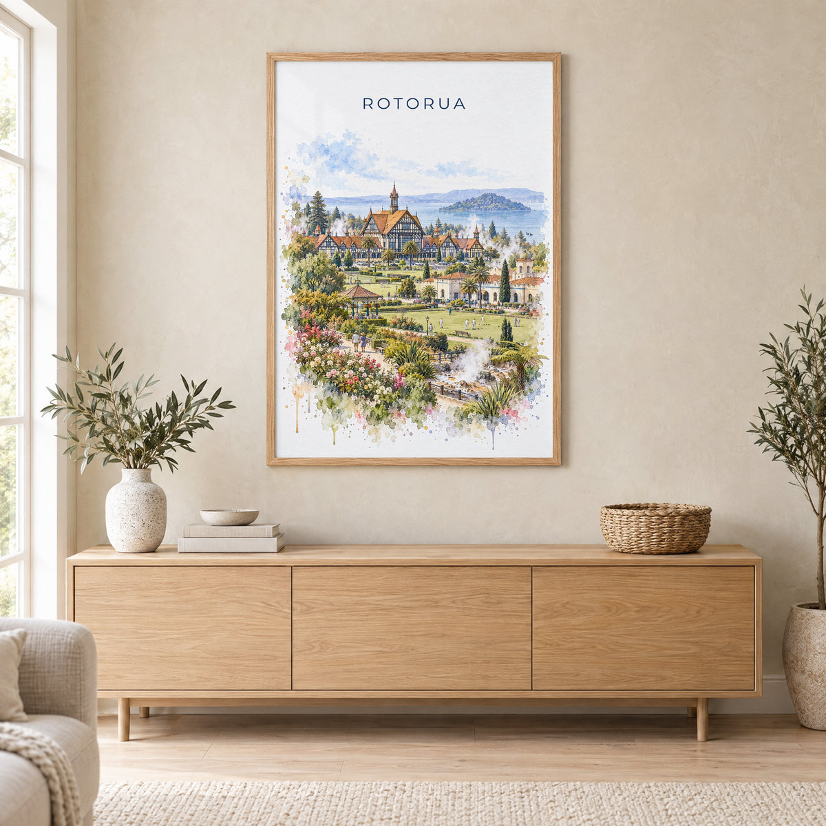 Rotorua watercolor print in an oak frame above a light wood sideboard in a Scandinavian living room