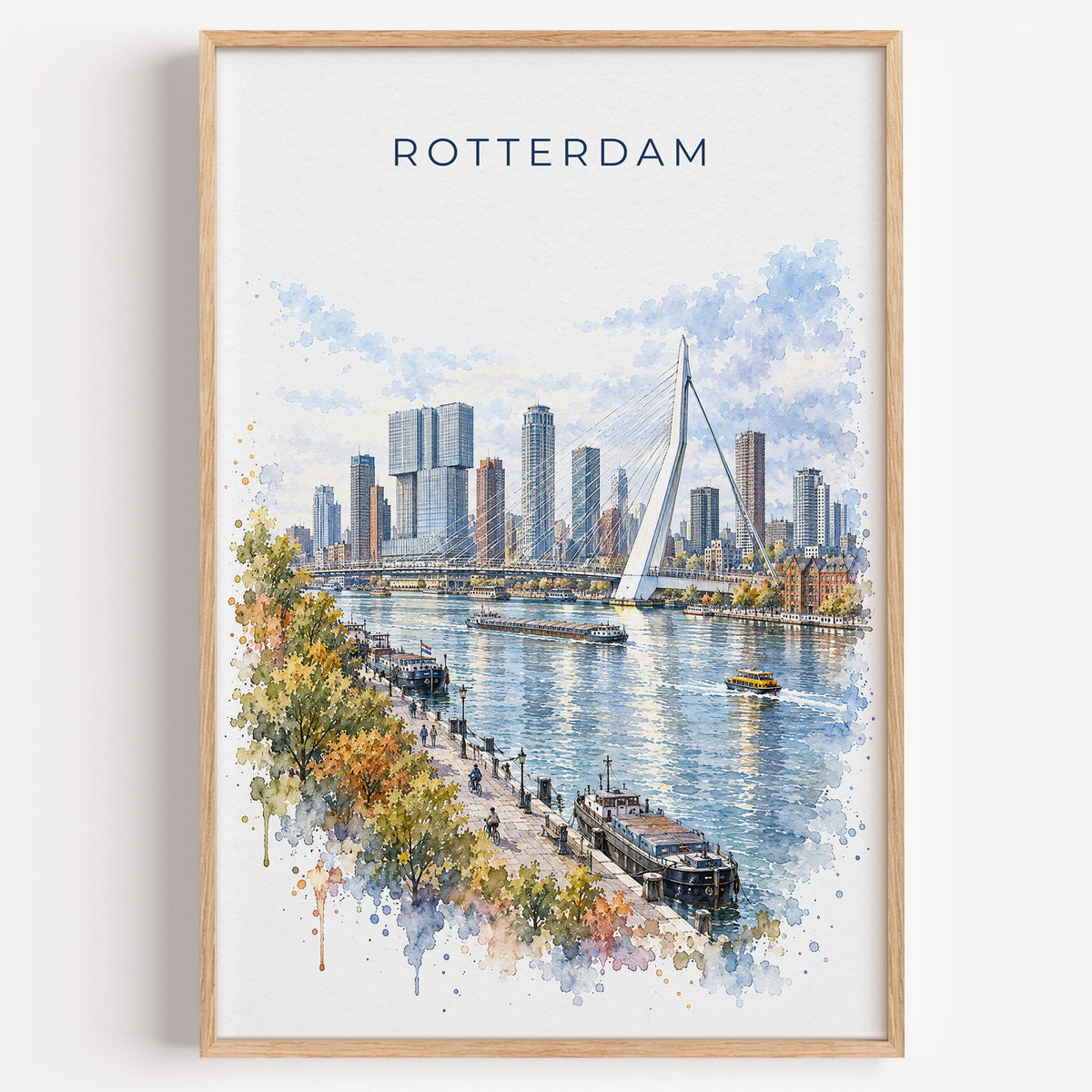 Rotterdam watercolor print in a light oak frame on a plain white wall
