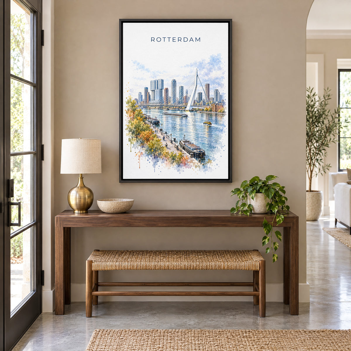 Rotterdam watercolor print as a black floater canvas above a walnut console and woven bench in an entryway