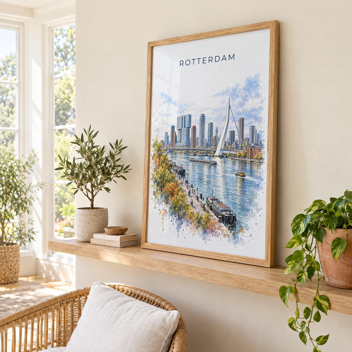 Rotterdam watercolor print in an oak frame on a picture ledge in a sunlit sunroom