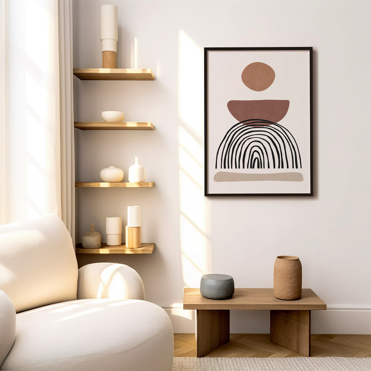 Rust bowl and black wobbly arch boho print in a black frame above a low wood bench beside floating oak shelves