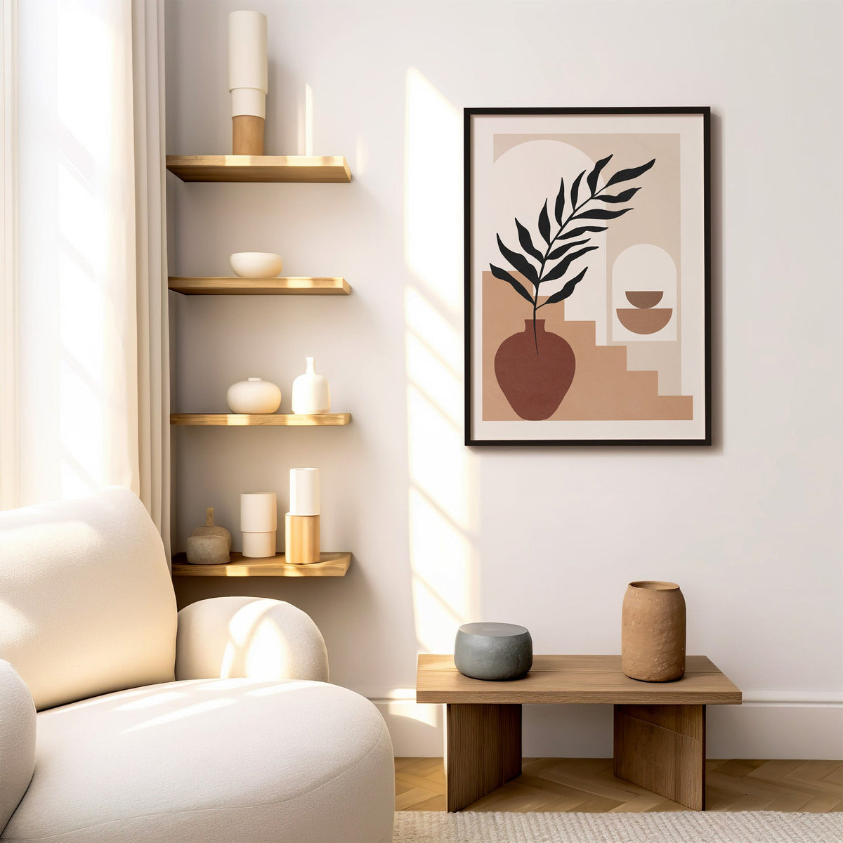 Rust vase, staircase and arch niche boho print in a black frame above a low wood bench beside floating oak shelves