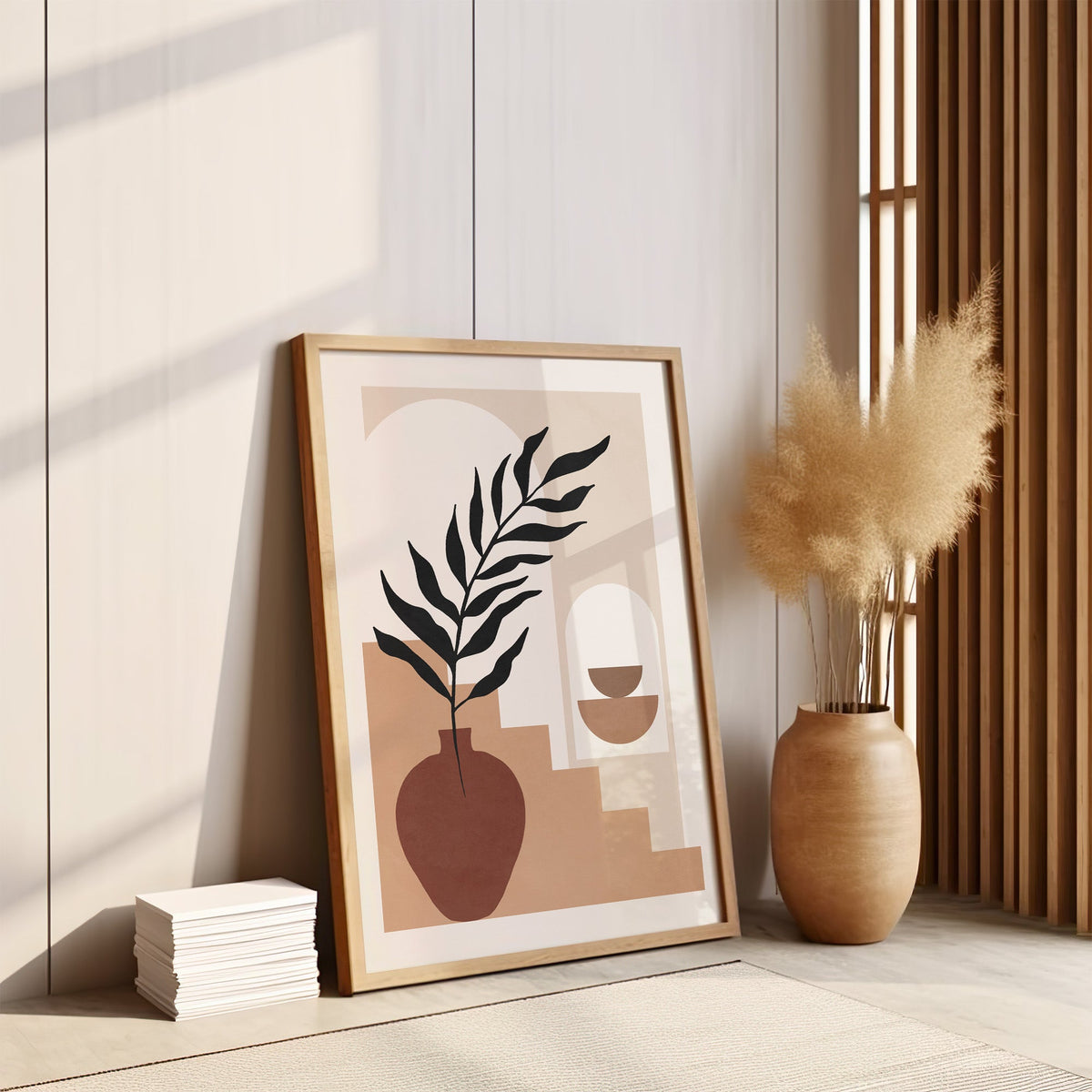 Rust vase, staircase and arch niche boho print in an oak frame leaning on the floor by pampas grass and a wood slat screen
