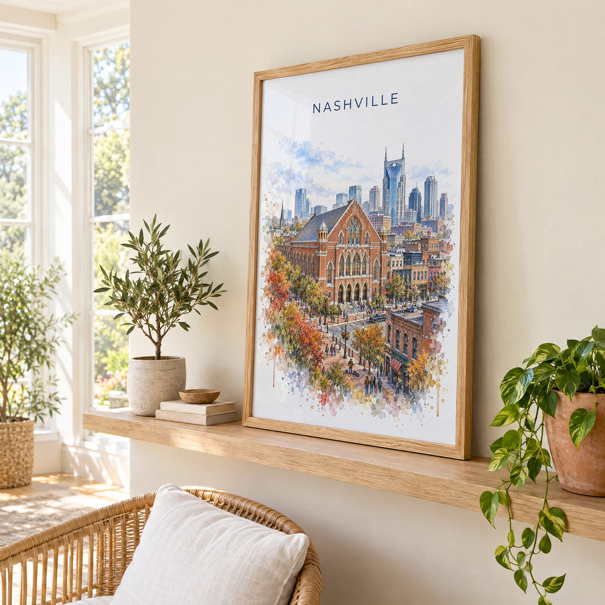 Ryman Auditorium watercolor print in an oak frame on a picture ledge in a sunlit sunroom