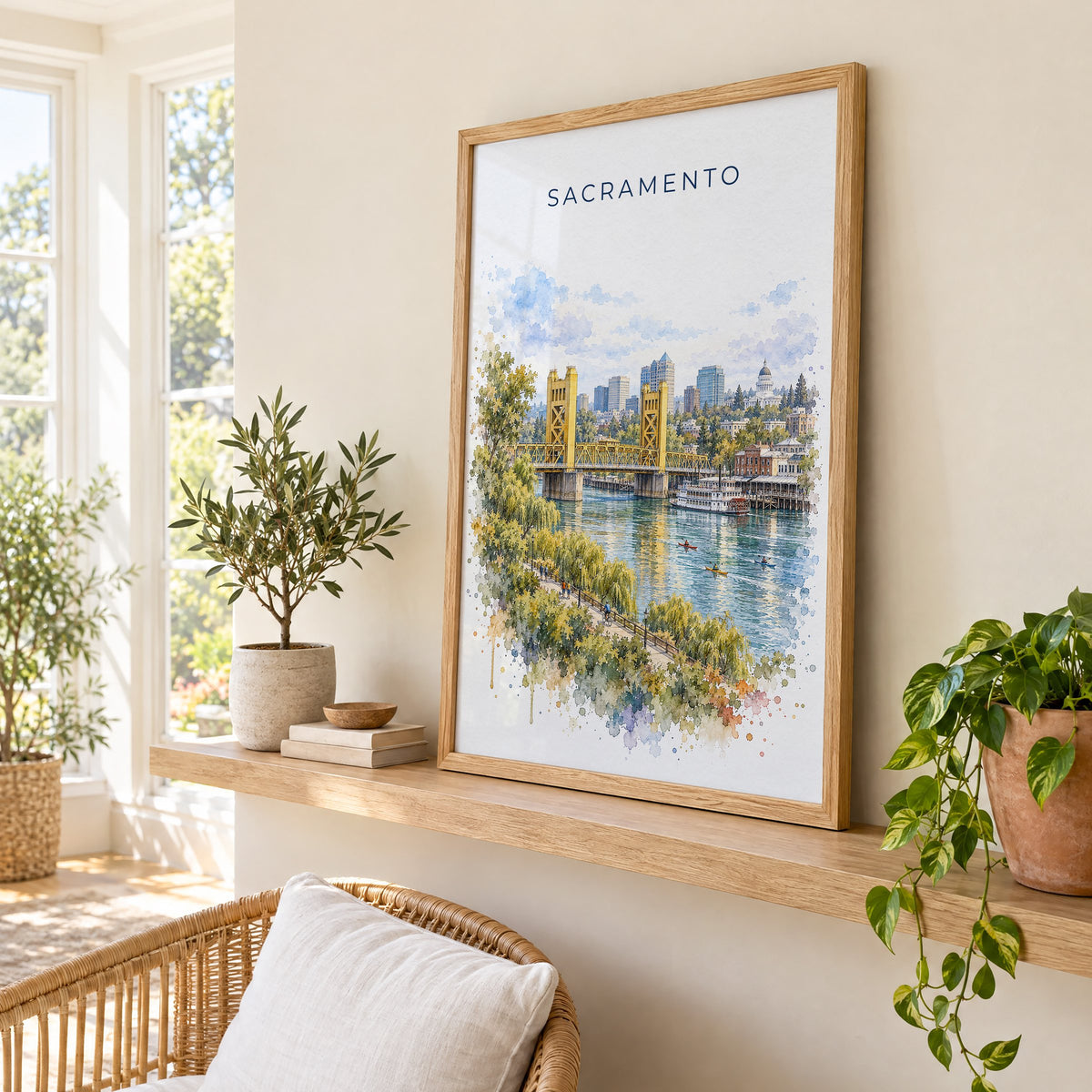 Sacramento watercolor print in an oak frame on a picture ledge in a sunlit sunroom