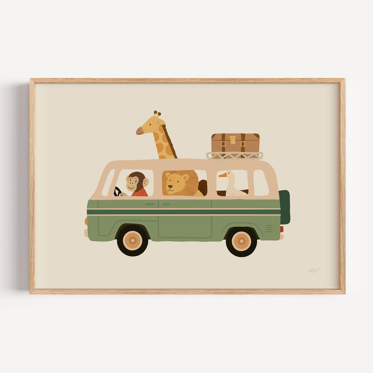 Safari animals riding green van nursery print in a light oak frame on a plain white wall