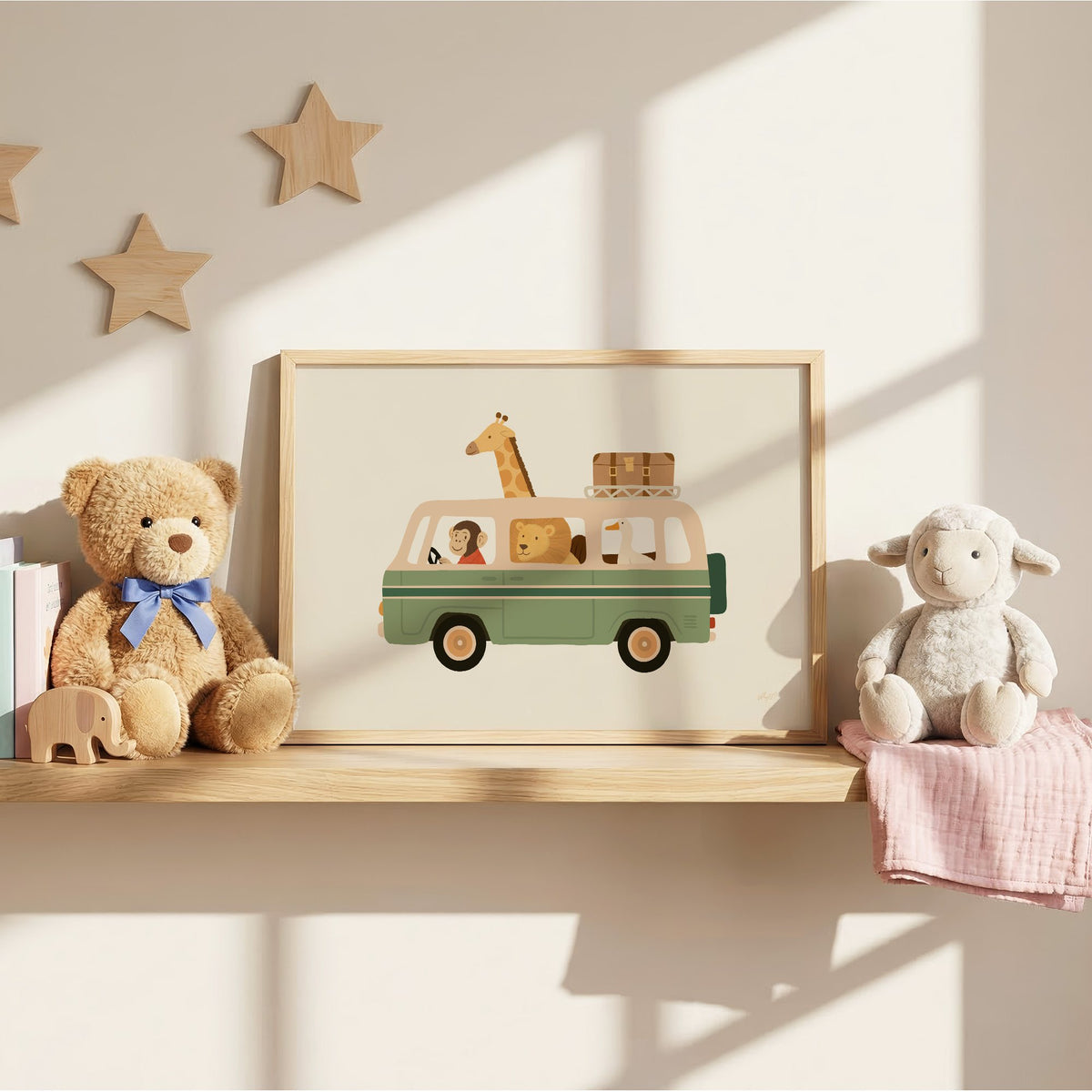 Safari animals riding green van nursery print in an oak frame on a wall shelf between a teddy bear and a toy lamb