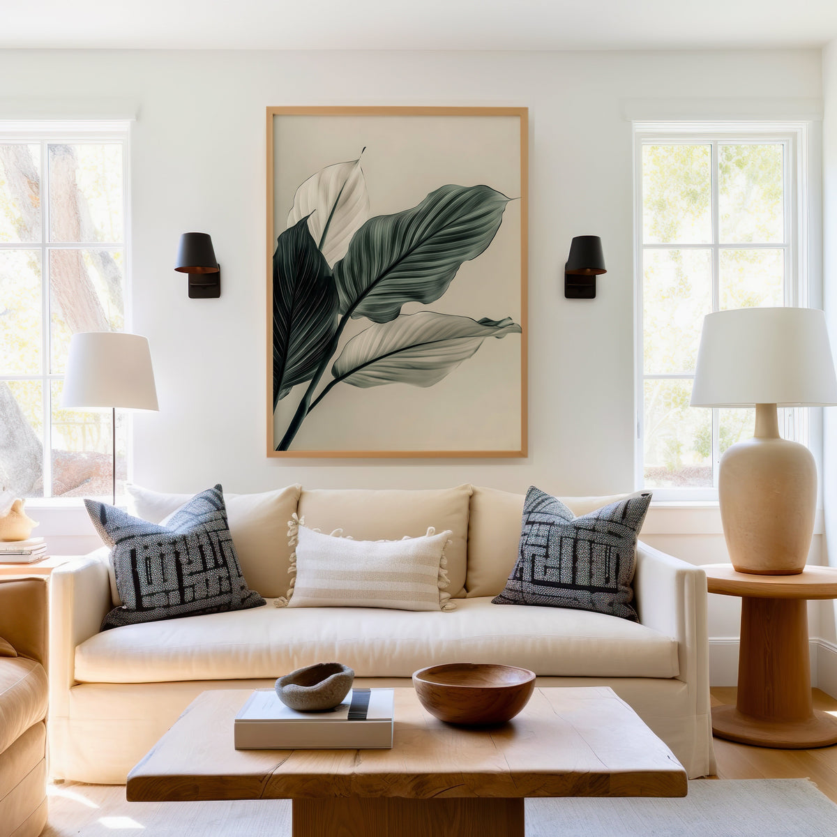 Sage green leaves abstract botanical print in a light oak frame above a cream sofa between two black wall sconces