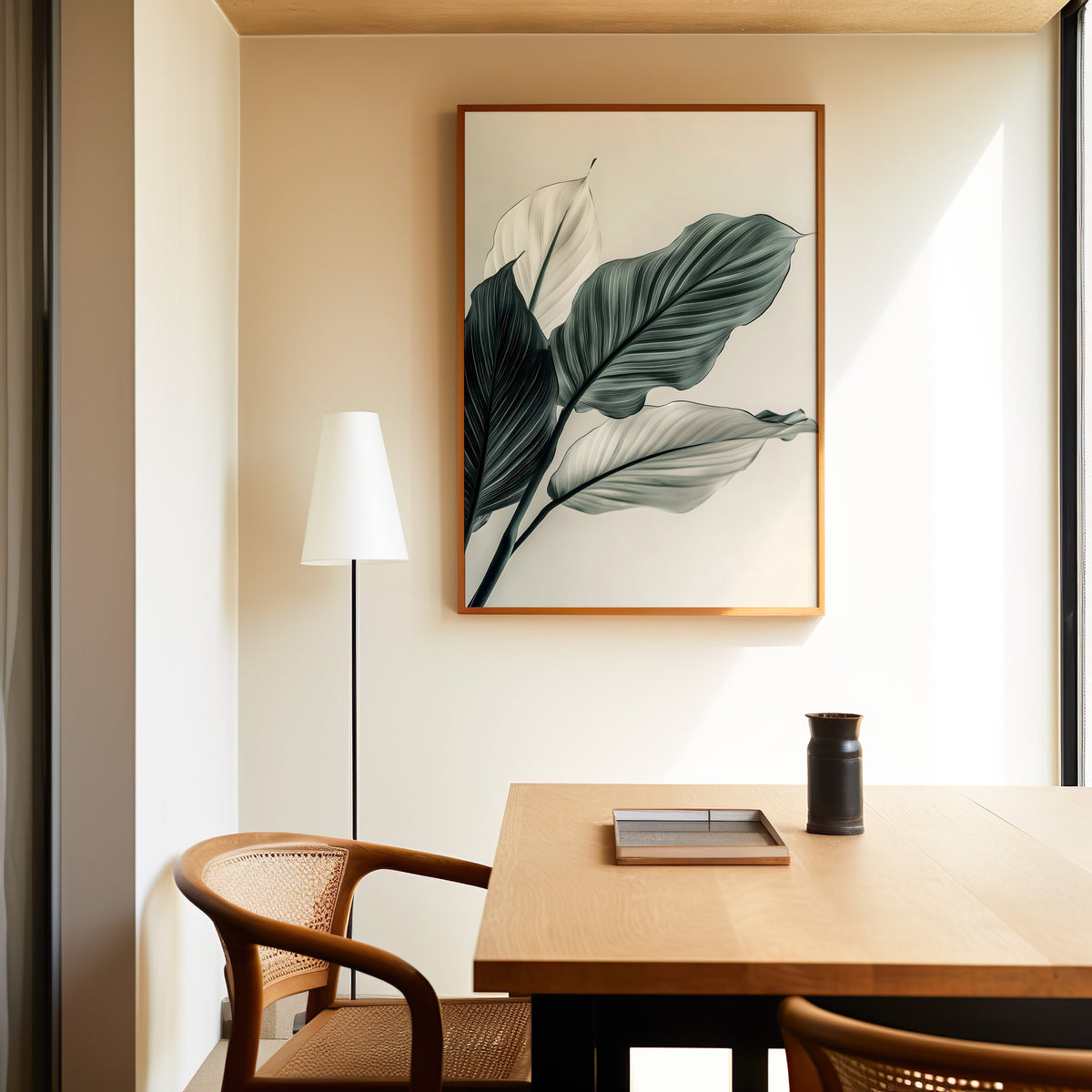 Sage green leaves abstract botanical print in a slim oak frame above a dining table with a cane-back chair