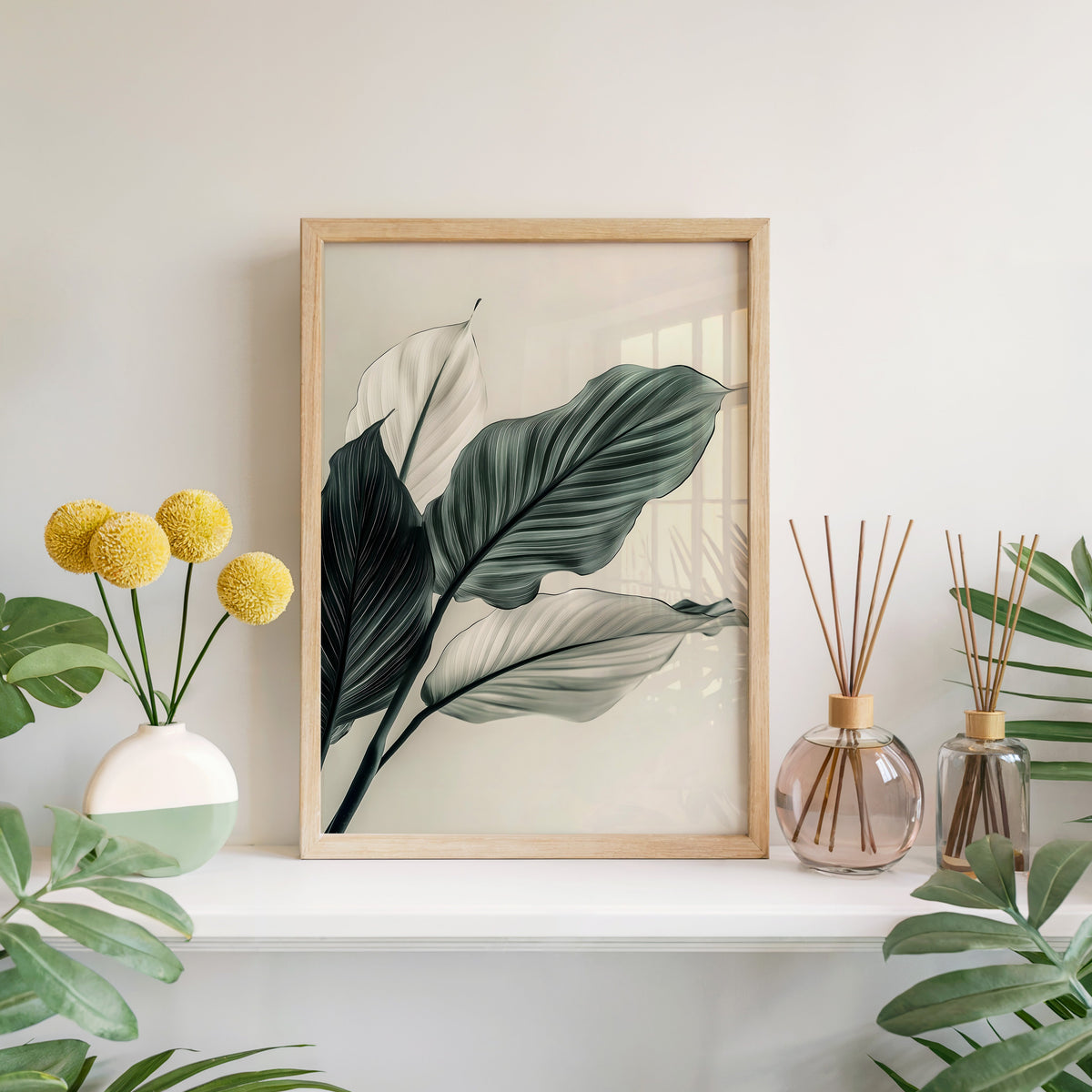 Sage green leaves abstract botanical print in a light oak frame leaning on a white mantel with yellow flowers