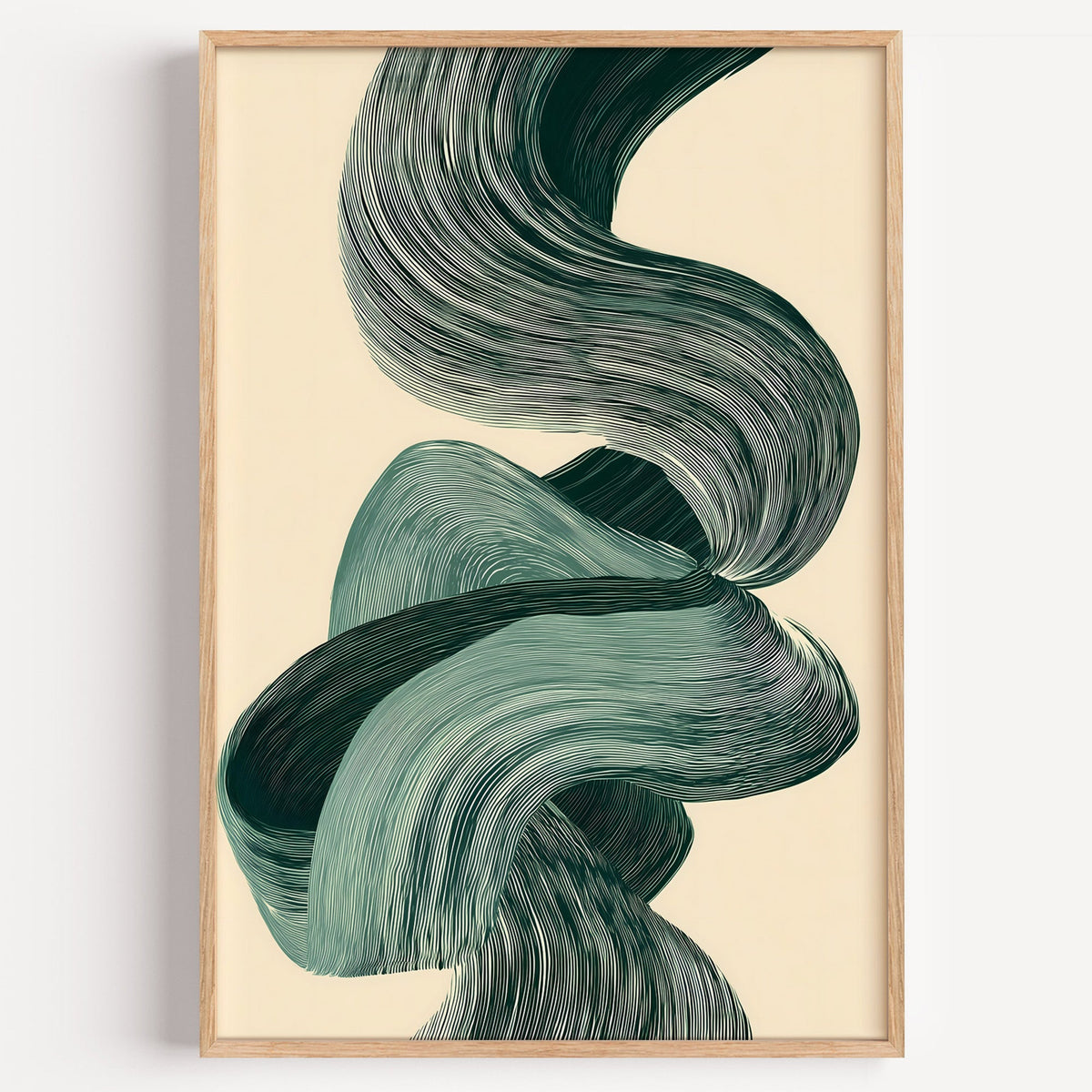 Sage green line ribbon swirl abstract print in a light oak frame on a plain white wall