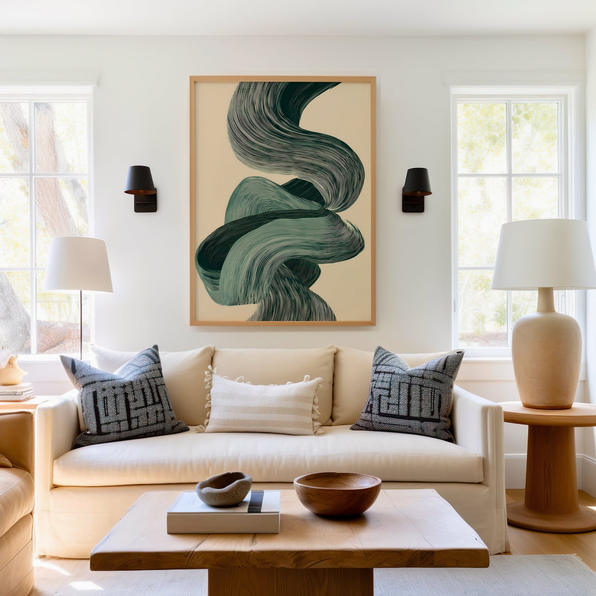 Sage green line ribbon swirl abstract print in a light oak frame above a cream sofa between two black wall sconces