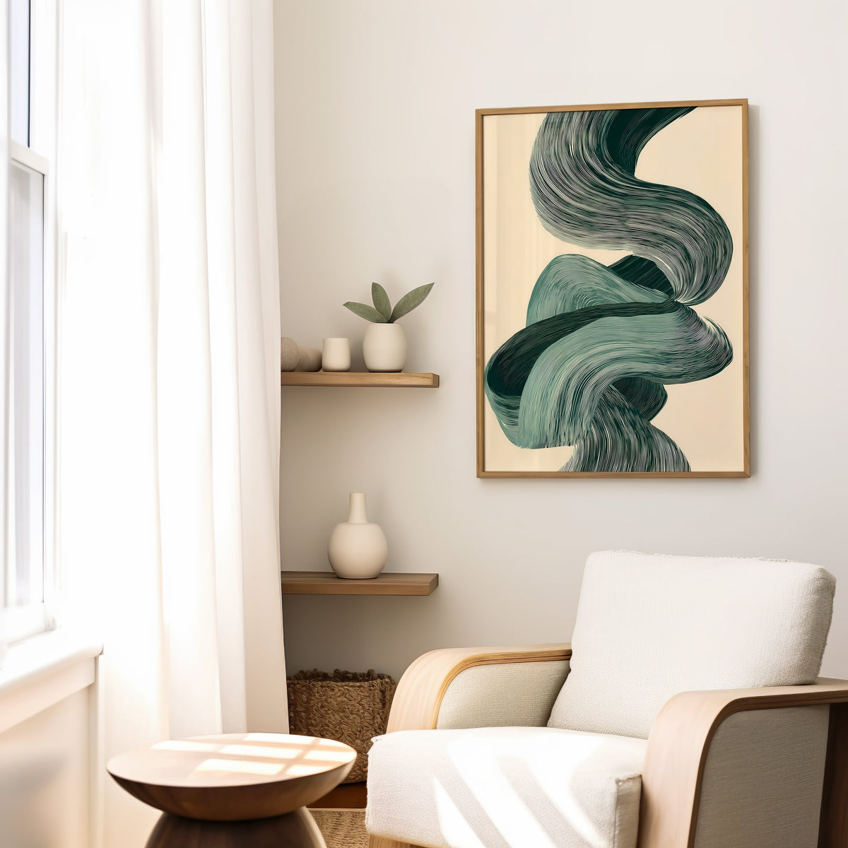 Sage green line ribbon swirl abstract print in a slim oak frame above a cream boucle armchair by floating shelves