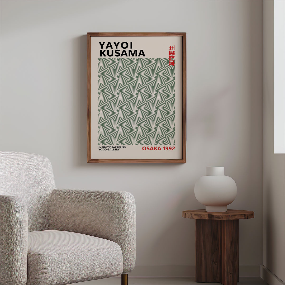 Yayoi Kusama inspired sage green maze line print above a cream boucle armchair