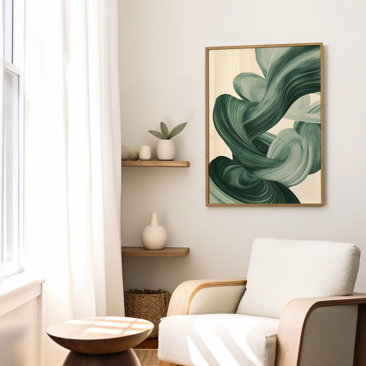 Sage green paint swirl abstract print in a slim oak frame above a cream boucle armchair by floating shelves