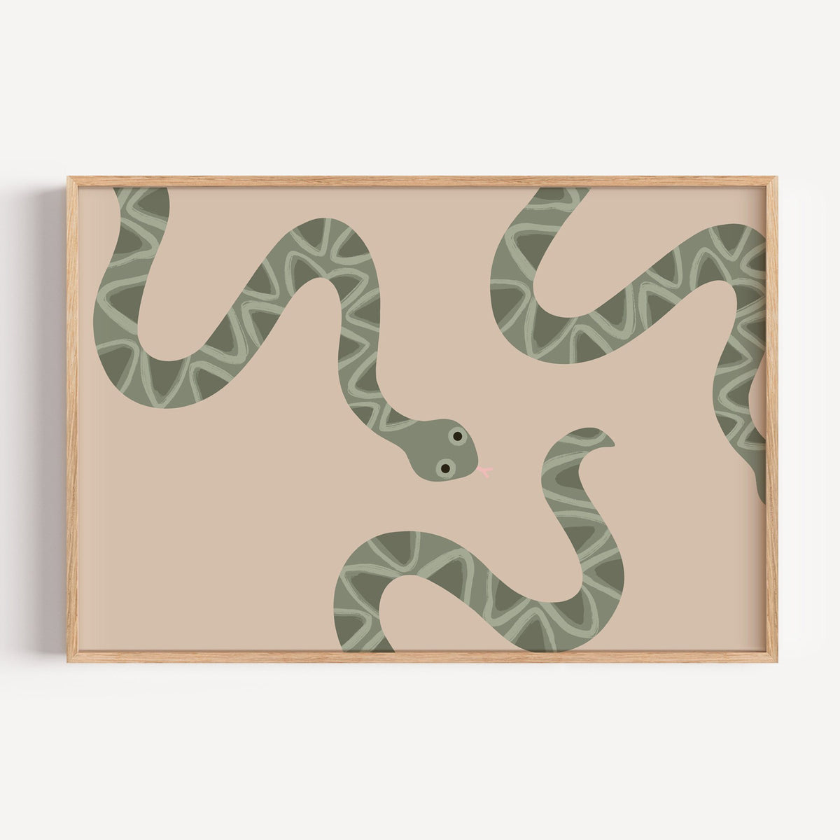 Landscape sage green snake nursery print in a light oak frame on a plain white wall