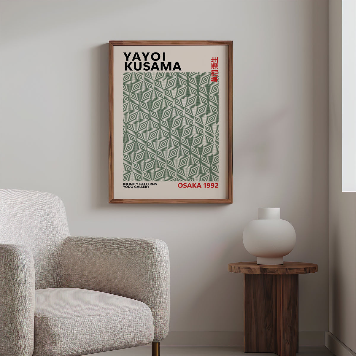 Yayoi Kusama inspired sage green swirl line print above a cream boucle armchair