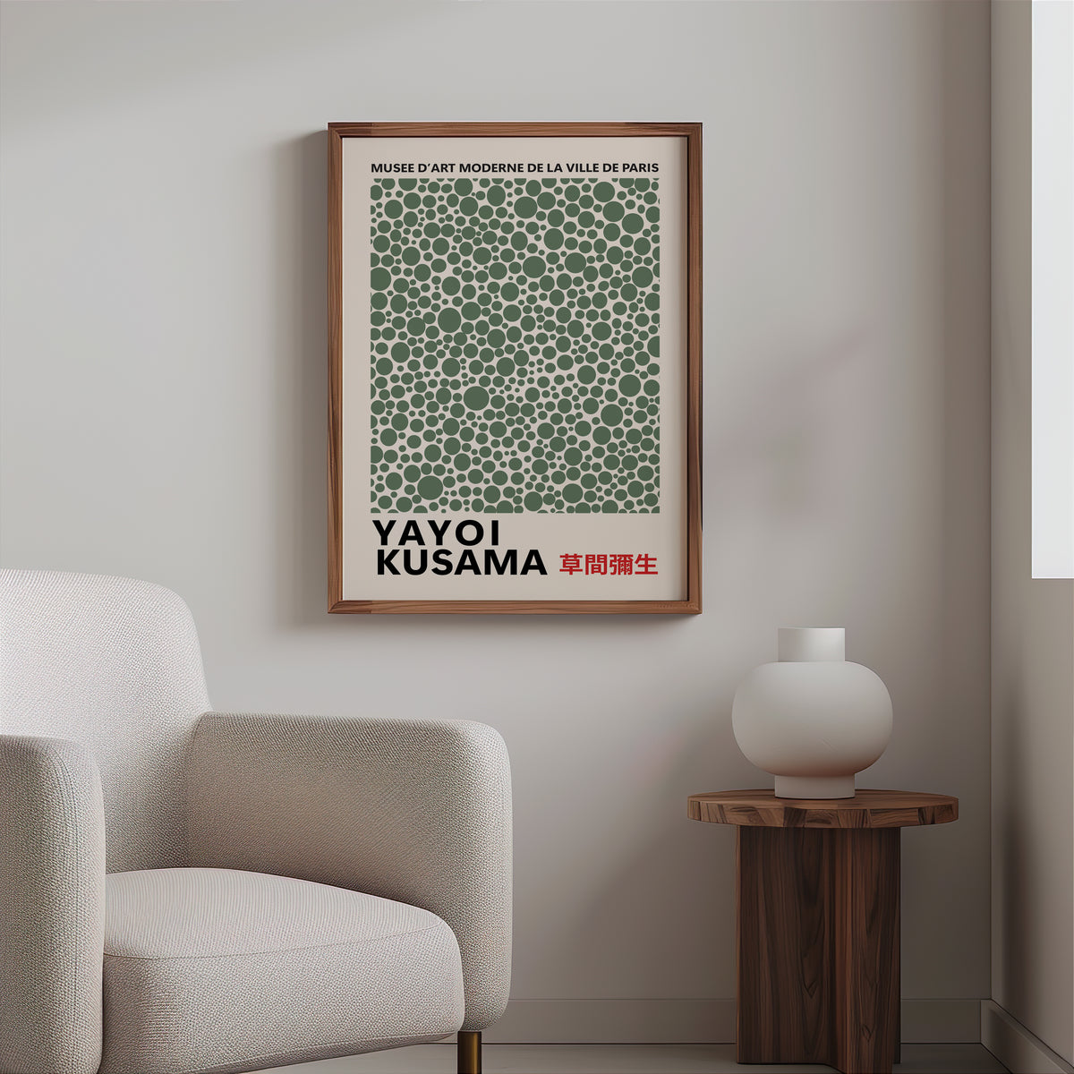 Yayoi Kusama inspired sage green polka dot print above a cream boucle armchair