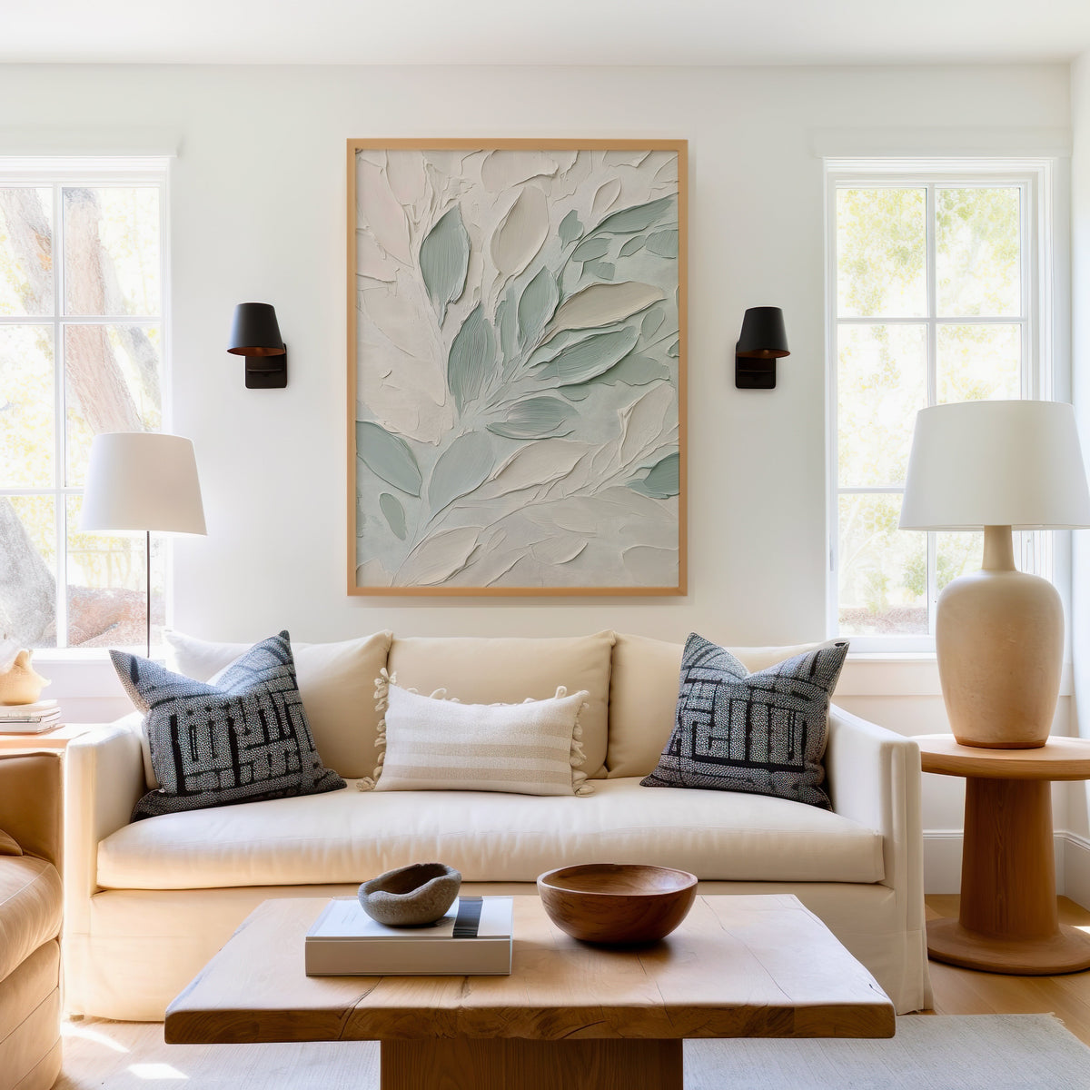 Sage and white impasto leaves botanical print in a light oak frame above a cream sofa between two black wall sconces