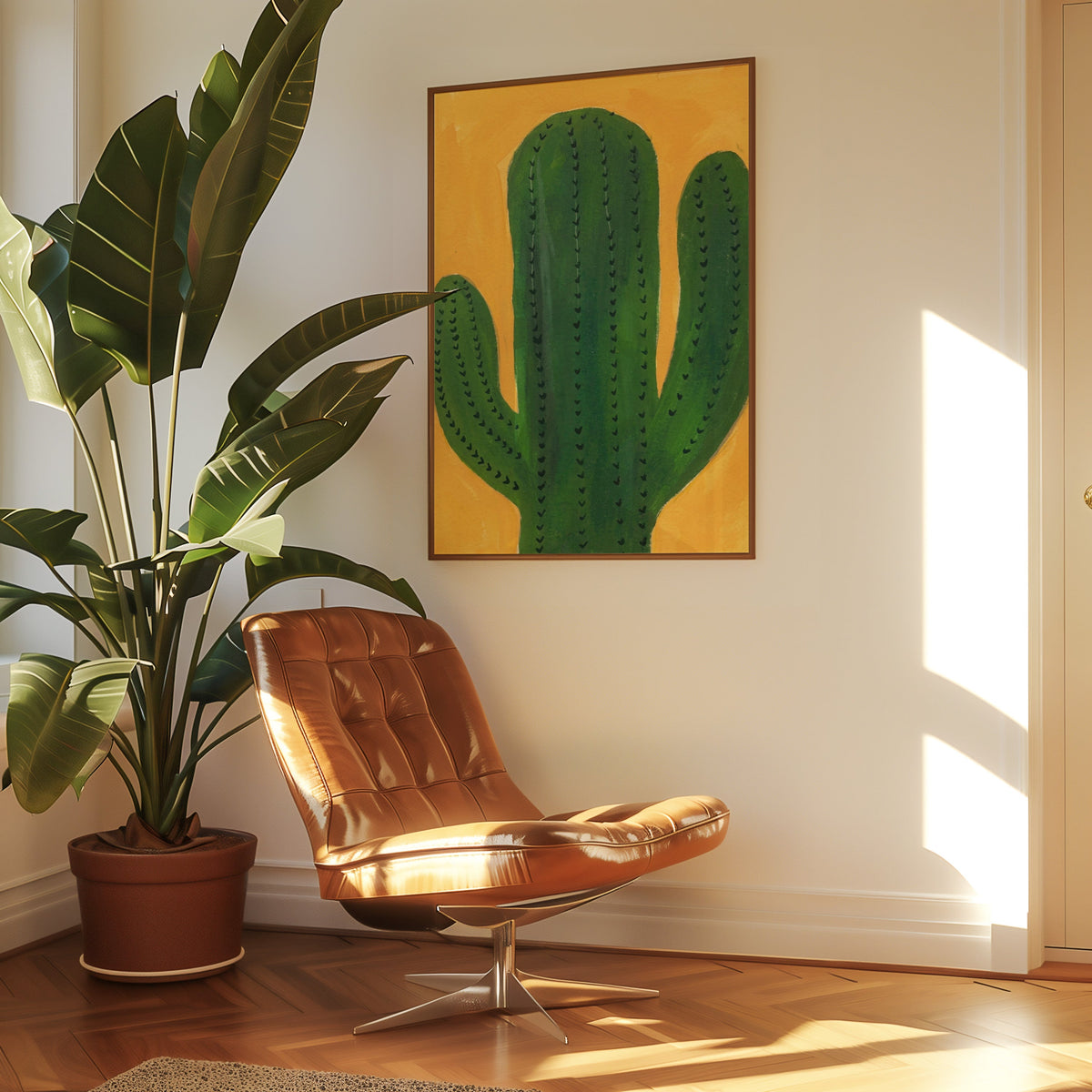Desert cactus print in a slim walnut frame above a tan leather lounge chair