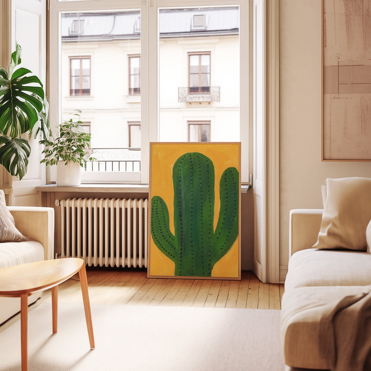 Three-armed cactus print in an oak frame leaning below tall French windows