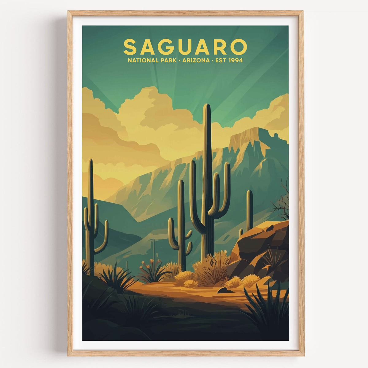 Saguaro National Park illustrated print: saguaro cactus below layered ridges, in an oak frame