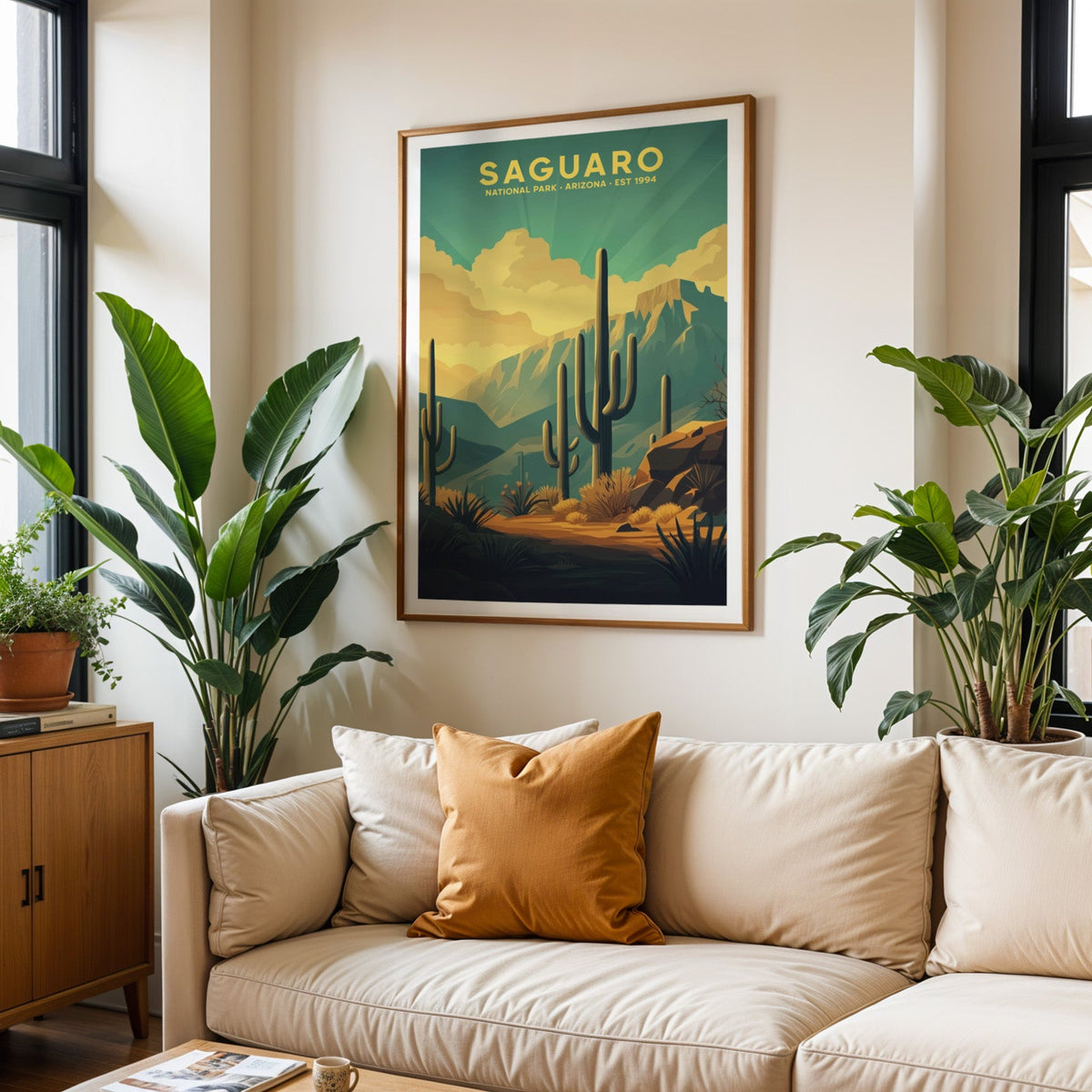 Saguaro National Park print in an oak frame above a cream living room sofa with an ochre cushion